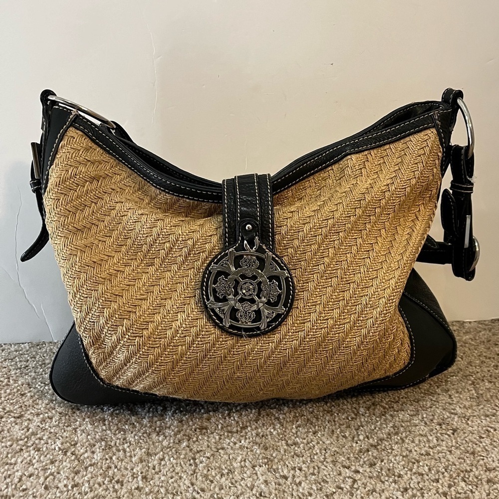 Kate Landry Leather & Straw Hobo Bag 15"x12" Handbag Brown Shoulder Bag.